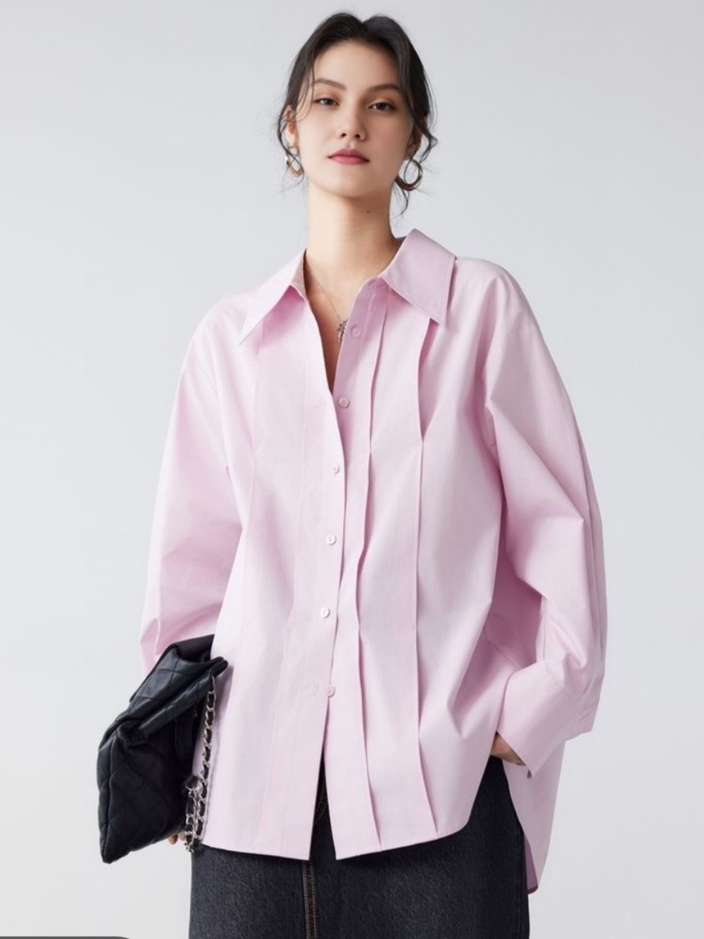 FIBFLX Oversized Pleated Poplin Cotton Button Down Long Sleeve Shirt Blouse